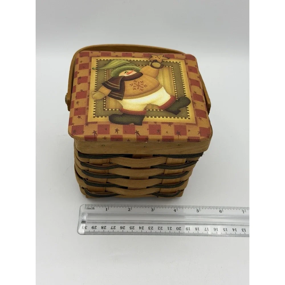 Vintage Winter Magic Holiday Snowman Wooden Square Lidded Handled Basket Brown